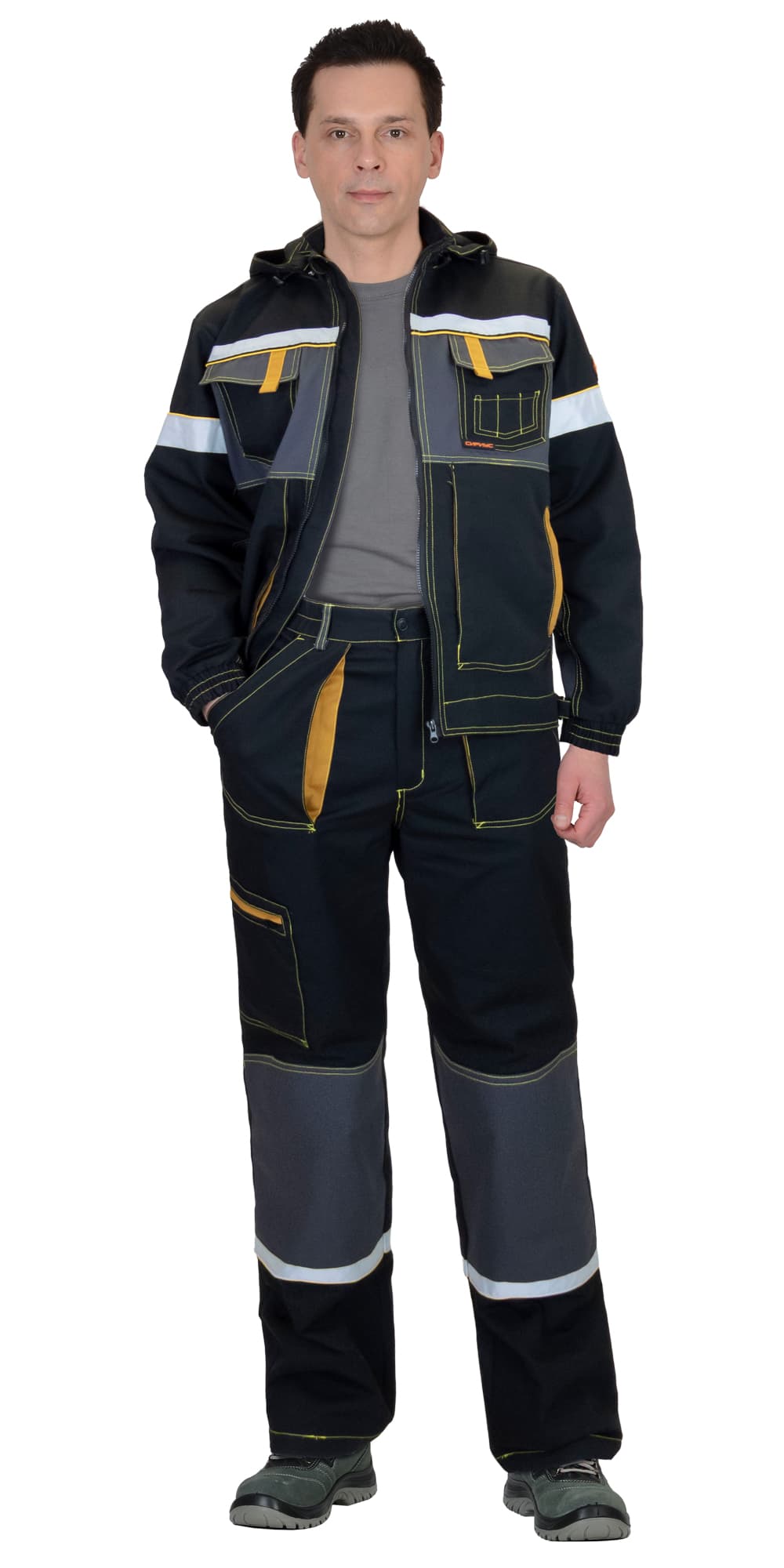 Костюм СИРИУС-РОДОС куртка, брюки, черный с темно-серым, 255 г/м2, 65% ПЭ, 35% ХБ