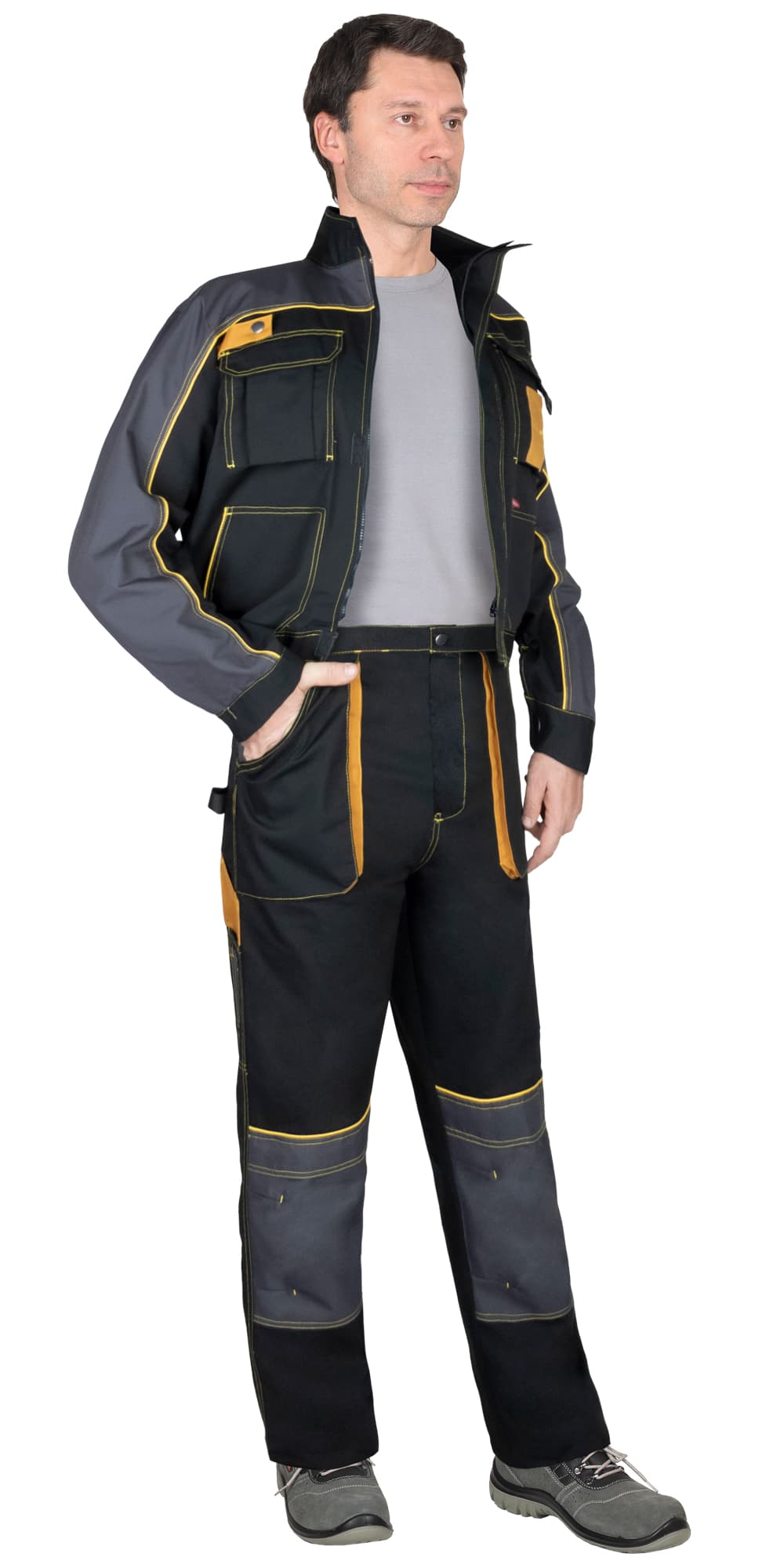 Костюм СИРИУС-АГАТ куртка, брюки, черный с темно-серым, 260 г/м2, 65% ПЭ, 35% ХБ