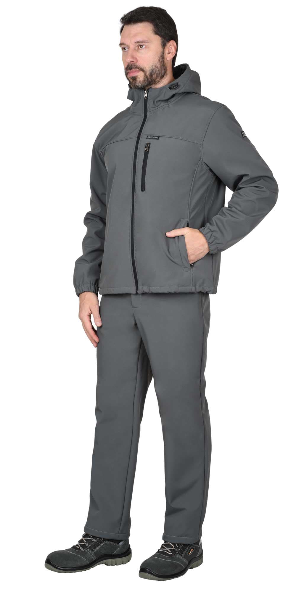 Куртка СИРИУС-АЗОВ с капюшоном серая, софтшелл, 350 г/м2