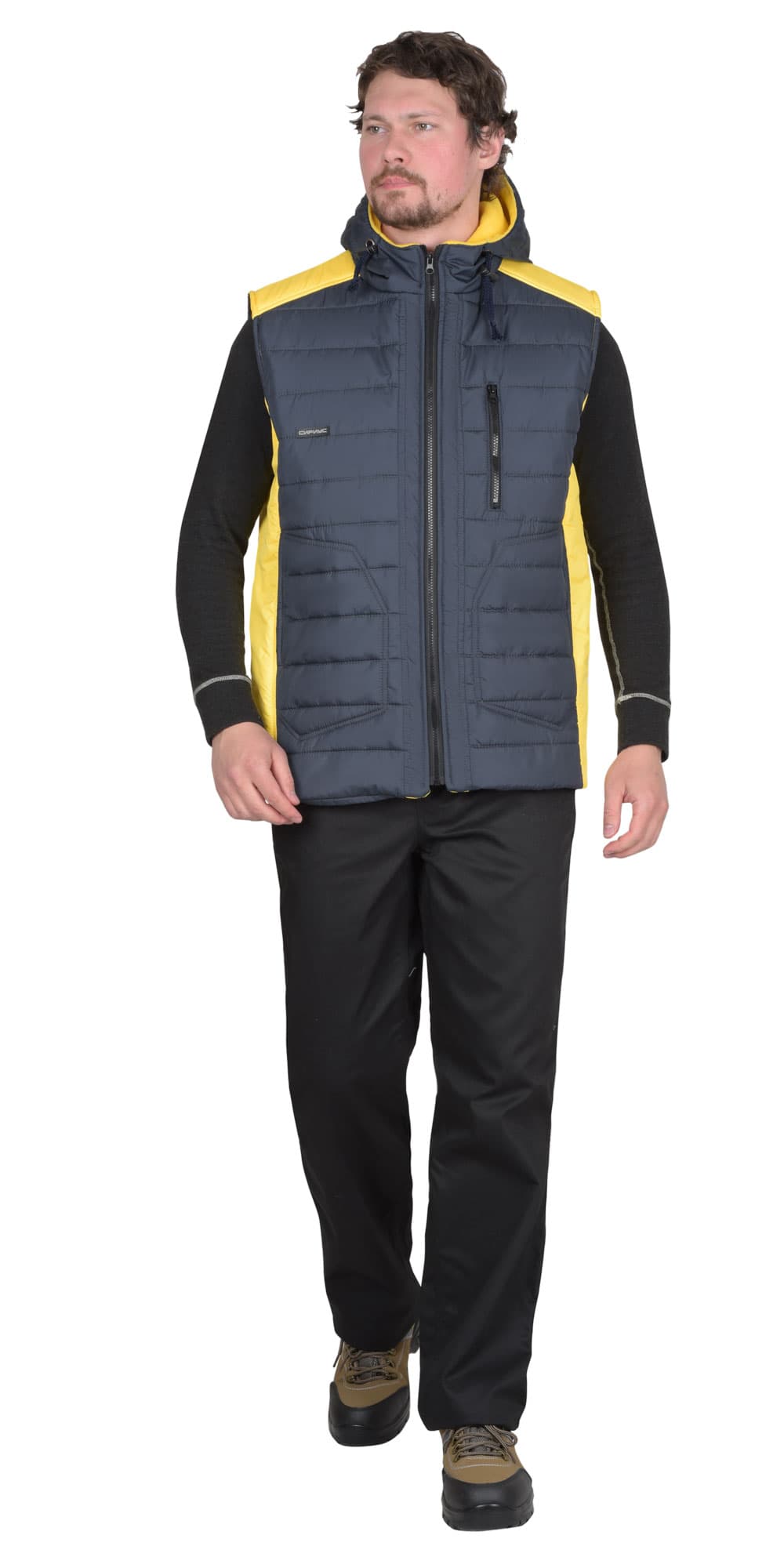 Жилет СИРИУС-УРБАН утепленный с капюшоном сине-серый с желтым — фото 2